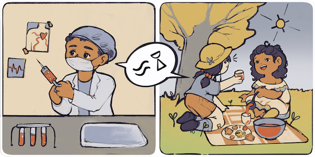 a nurse taking a red liquid versus offering a red liquid to a friend during a picnic